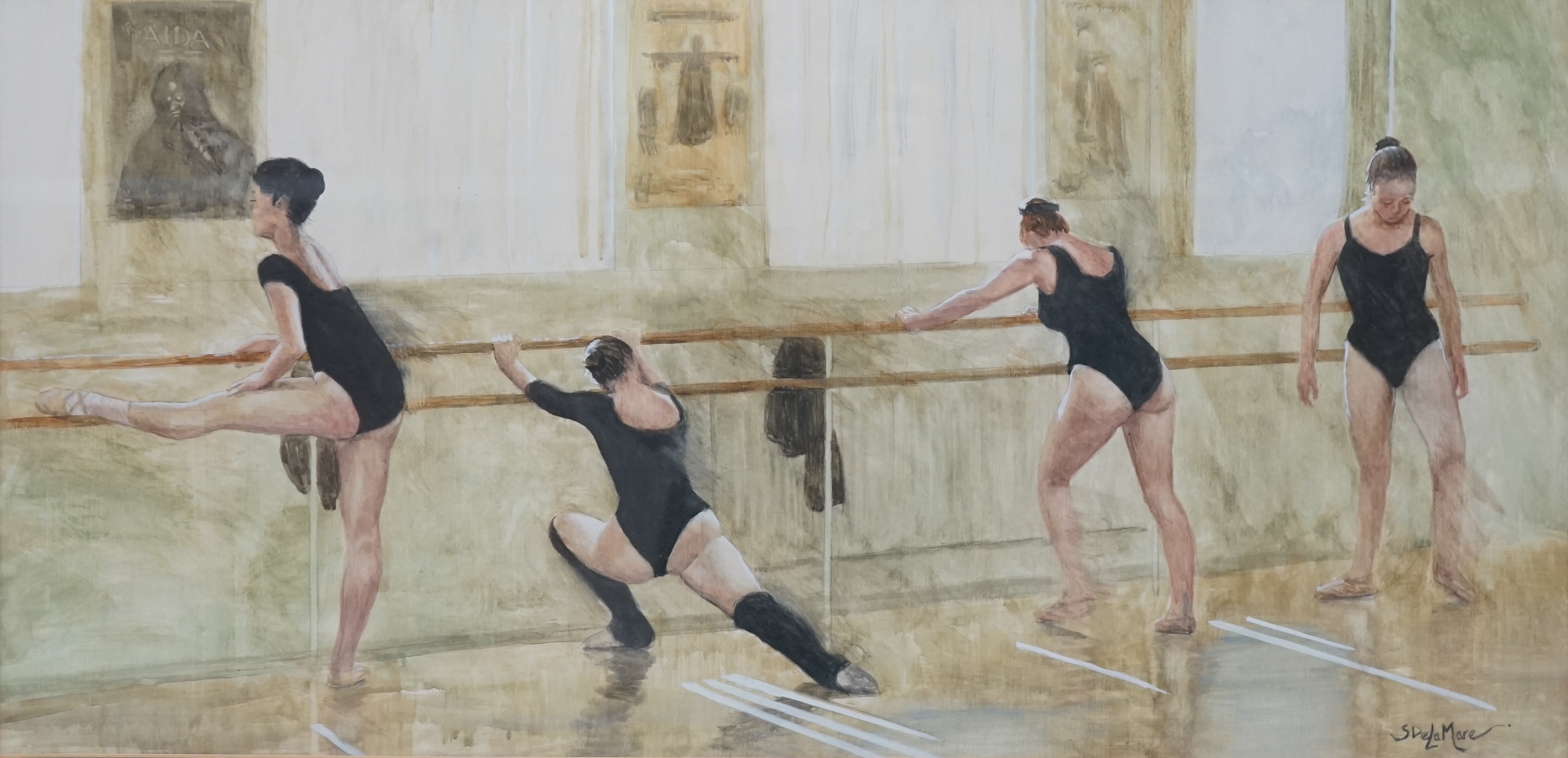 S. de la Mare, mixed media and heightened watercolour, Study of four ballet dancers, signed, 33 x 67cm. Condition - good